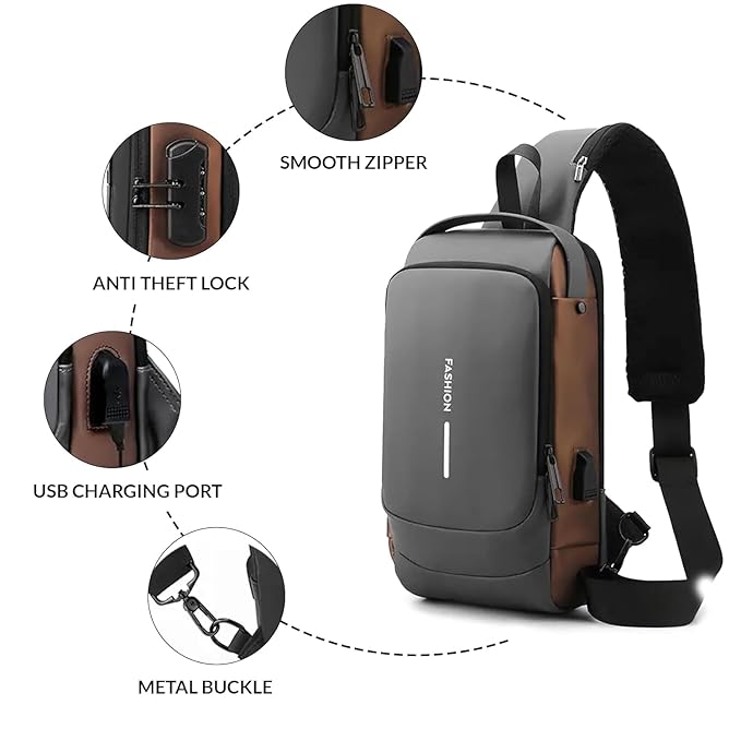Waterproof Polyester Unisex Crossbody Sling Bag - Anti Theft Chest Backpack for Men & Women - Chest Bag With USB Charging Port