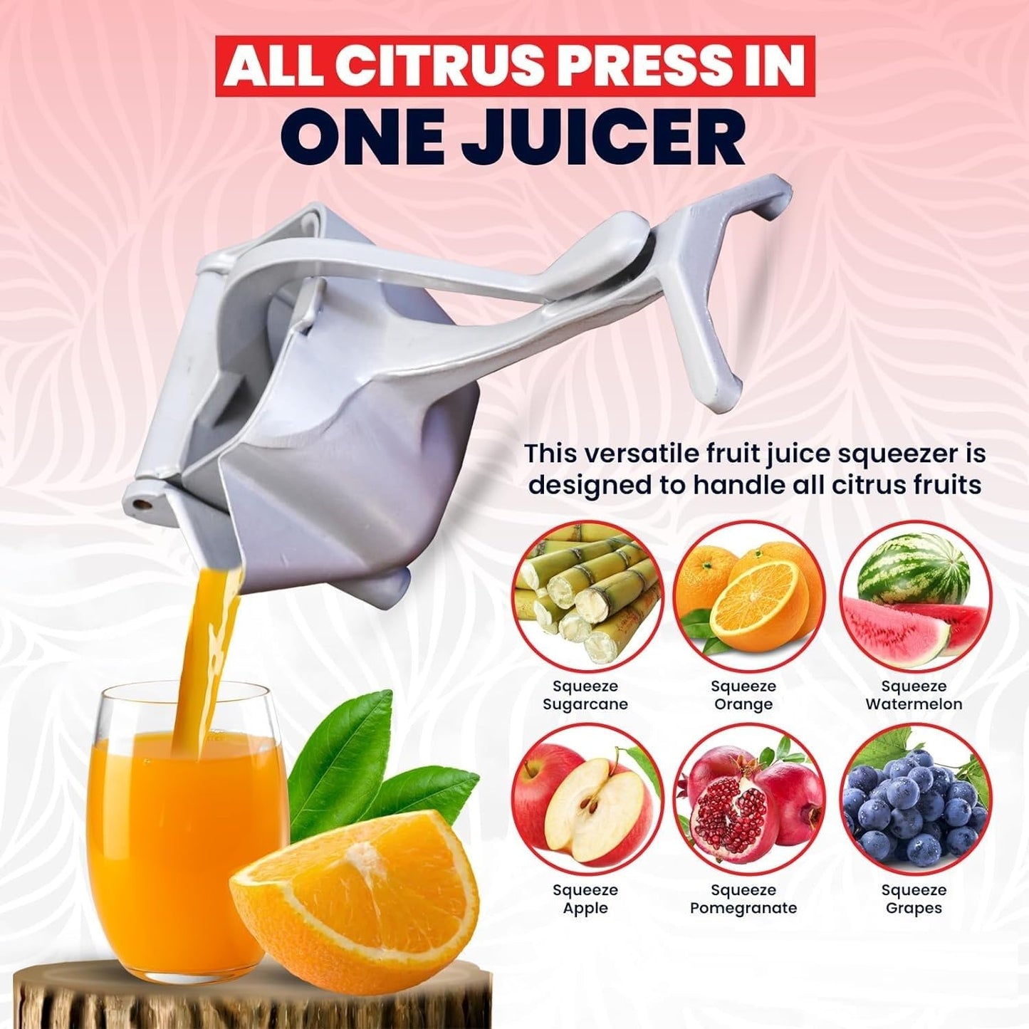 Fruit Press Juicer  Manual Hand Press Juicer For Citrus Orange Mosambi Sweet Lime Pomegranate Lemon Anar Juice Maker, Handy Aluminium Steel Instant Fruits Juice Squeezer Machine For Home
