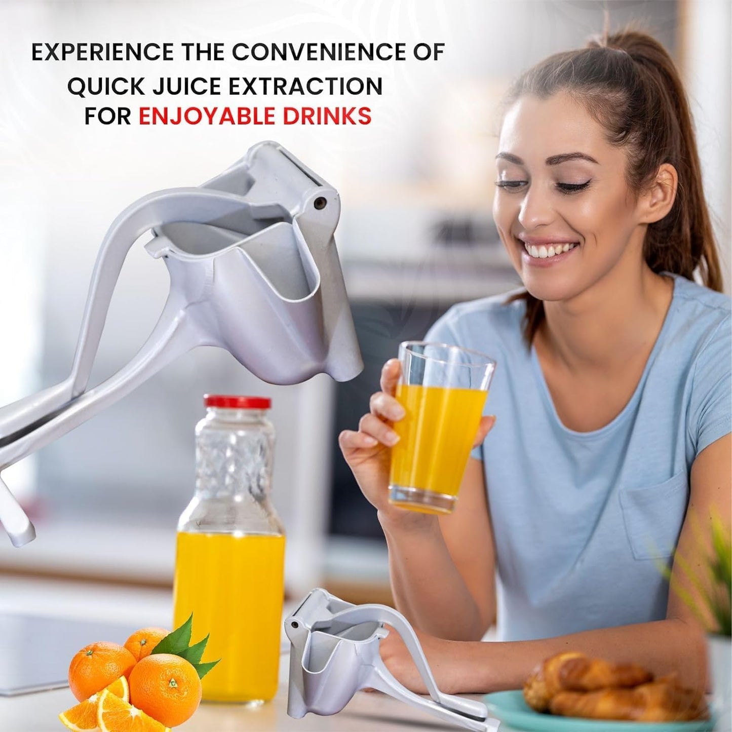 Fruit Press Juicer  Manual Hand Press Juicer For Citrus Orange Mosambi Sweet Lime Pomegranate Lemon Anar Juice Maker, Handy Aluminium Steel Instant Fruits Juice Squeezer Machine For Home