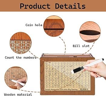 Wooden Money Piggy Bank, Money Saving Box, Gullak with Savings Chart, 100000 Rupees Goal Tracker, Cash Collection Bank for Kids and Adults(1Pc)
