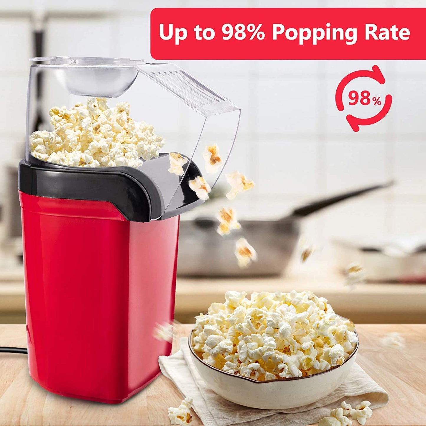 Electric Popcorn Maker with Measuring Cup |Oil-Free, Healthy Snack Maker for Kids & Adults | Fast Popper for Home, Movie Nights, Parties | Easy One-Touch Operation