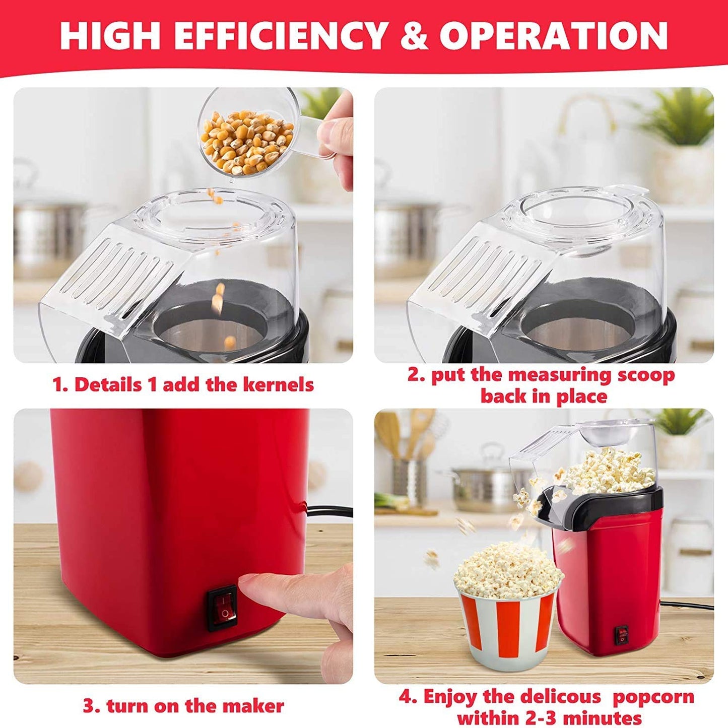 Electric Popcorn Maker with Measuring Cup |Oil-Free, Healthy Snack Maker for Kids & Adults | Fast Popper for Home, Movie Nights, Parties | Easy One-Touch Operation