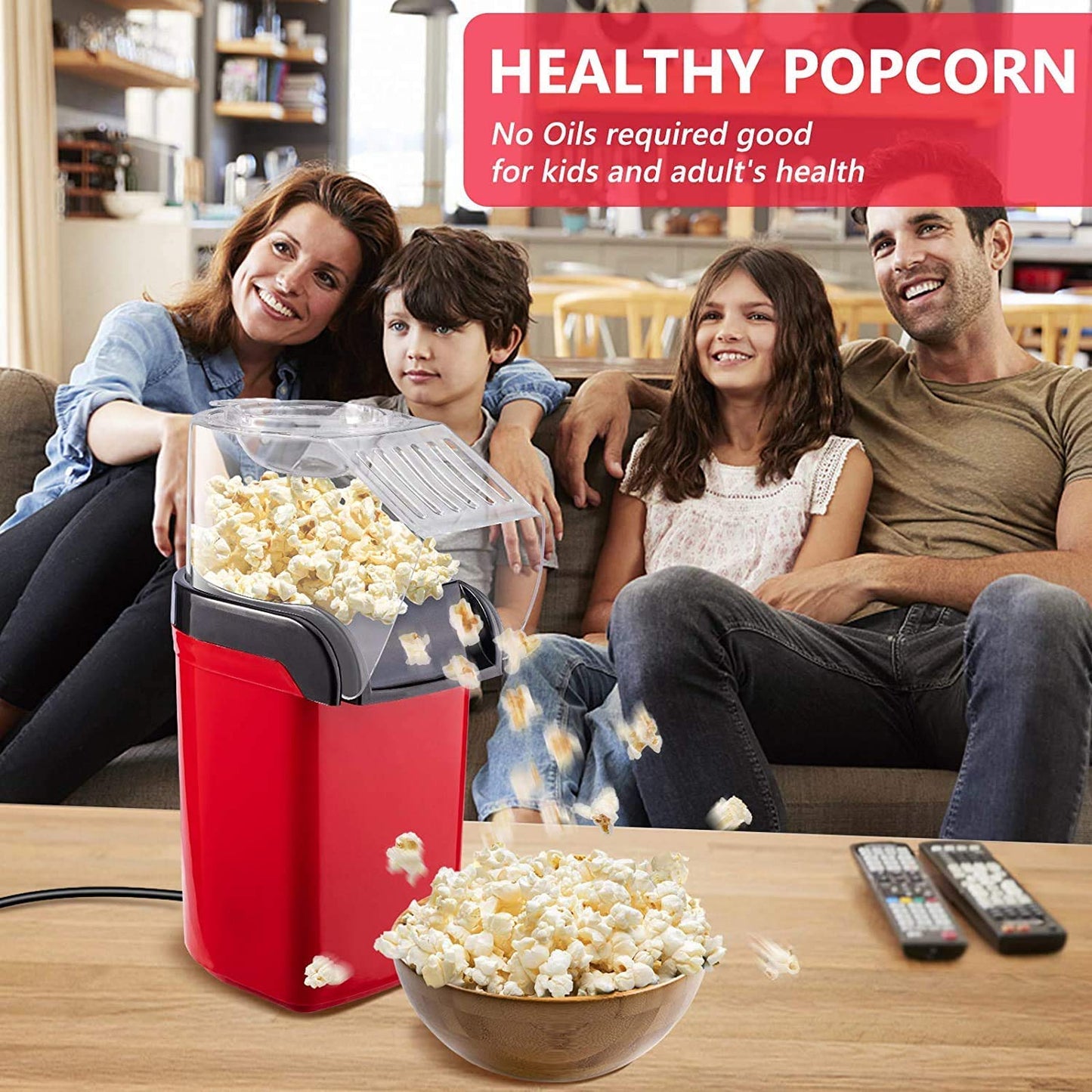 Electric Popcorn Maker with Measuring Cup |Oil-Free, Healthy Snack Maker for Kids & Adults | Fast Popper for Home, Movie Nights, Parties | Easy One-Touch Operation