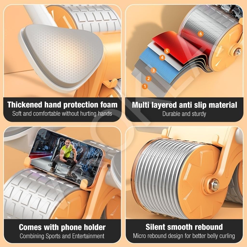 Abs Roller for Men & Women Professional Ab Roller Automatic Rebound With Elbow Support, Timer, Knee Mat Abs Roller Wheel Abs Workout Equipment Abdomen Exercise Equipment for Home