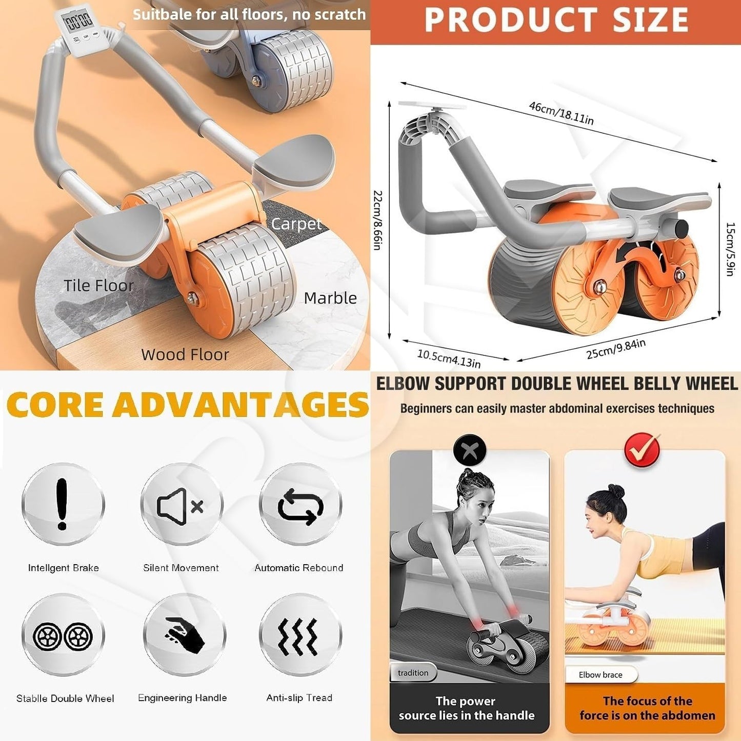 Abs Roller for Men & Women Professional Ab Roller Automatic Rebound With Elbow Support, Timer, Knee Mat Abs Roller Wheel Abs Workout Equipment Abdomen Exercise Equipment for Home