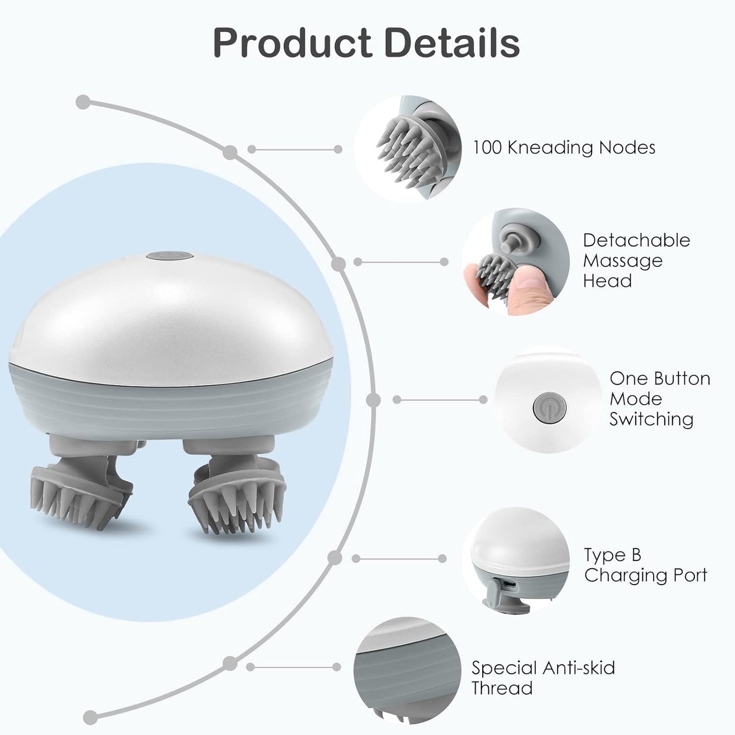 Scalp Massager, Rechargeable Electric Head Kneading Massager, 3 Speed Modes, Deep Clean & Stress Relax